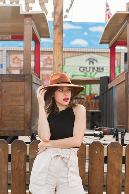 Girl in a cowboy hat in front of a Texas building