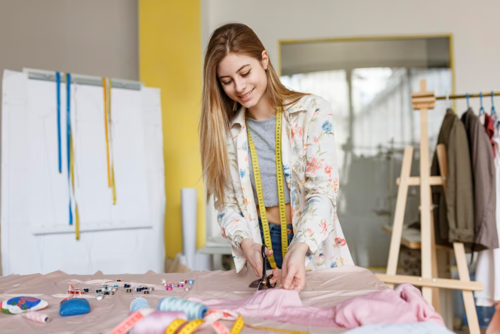 girl using scissors for work with fabric in the sewing room