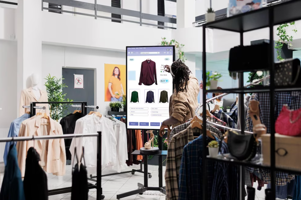 man looks at clothes online on a touch screen monitor in fashion boutique at mall