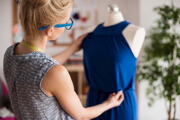 The girl creates a new blue dress