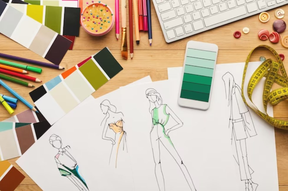 creating a new fashion collection with hand-drawn sketches, pencils, a keyboard, and a smartphone laying around
