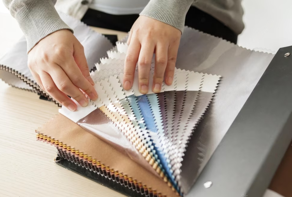 woman looks at the color samples of textile