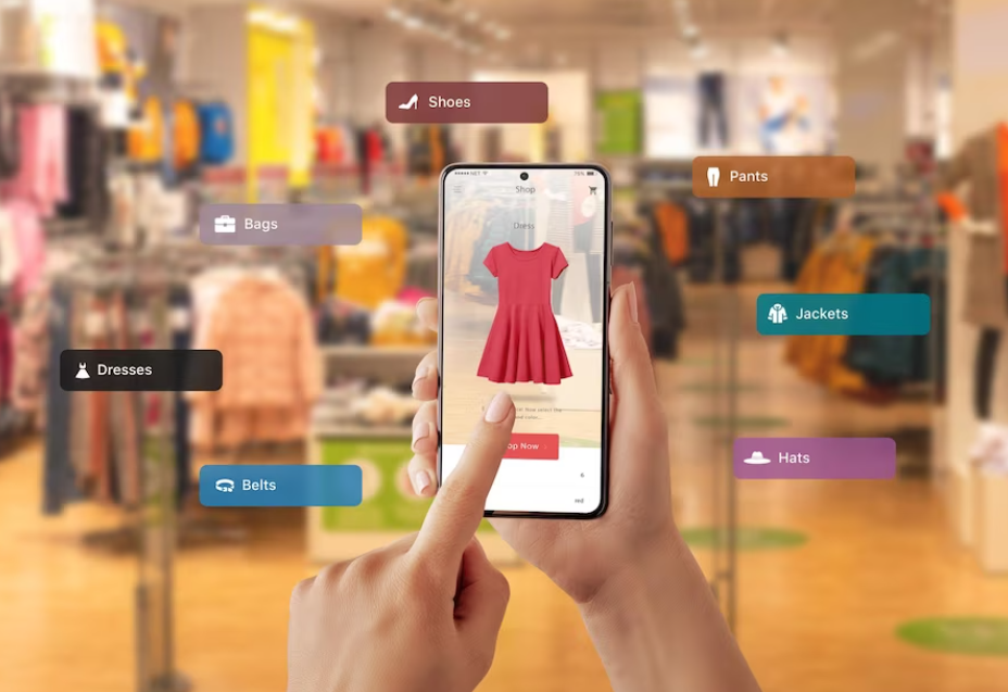 hand holding a smartphone with a fashion app on it, icons of clothing around it, and blurred background of shop