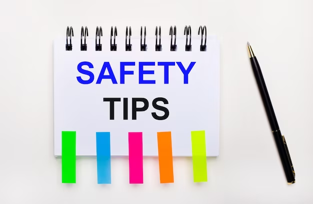  A notebook covered with sticky notes, displaying the words "safety tips," accompanied by a pen