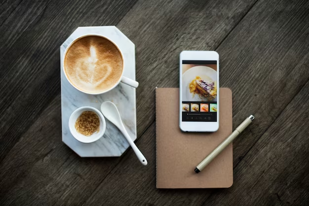 Coffee and sugar next to a phone, with a pen on top of a notebook and a pastry displayed on the phone screen