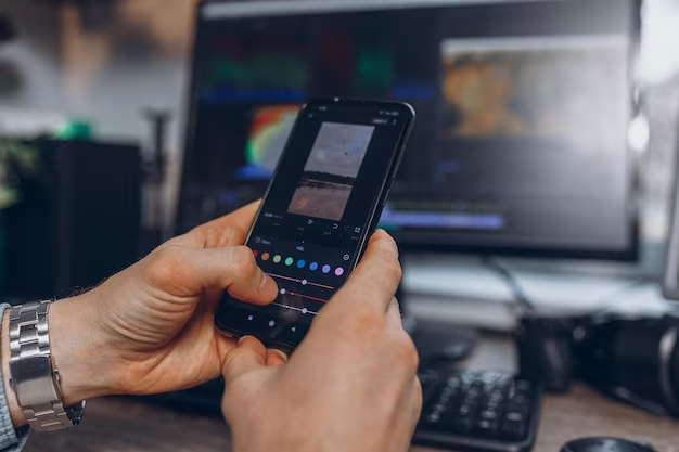 Person Editing Photo on Phone in Front of Computer