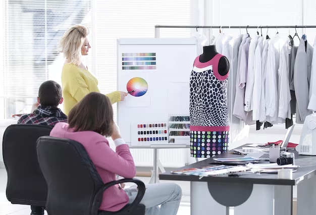 Three people in a fashion design room, one talking about colors while the other two are listening