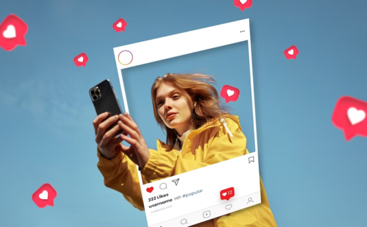 Image of a woman holding a phone within an Instagram frame with hearts