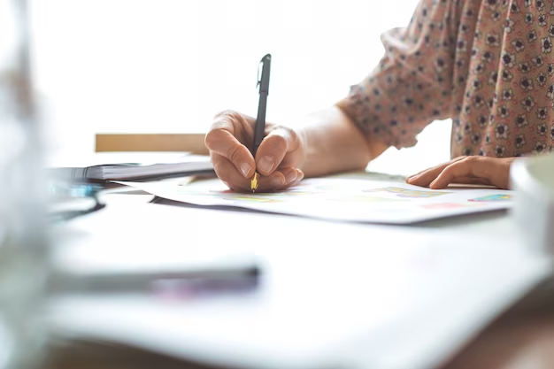 Image of a woman holding a pen and writing on papers on a table