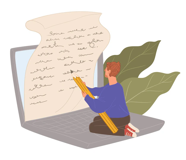 Vector image of a male character writing an article on a piece of paper
